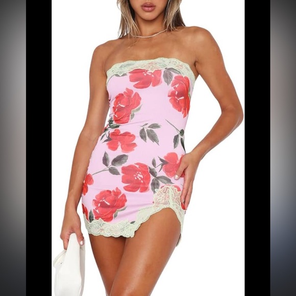 White Fox Small Pink Red Green Floral Lace Strapless Mini Tube Bodycon Dress - Picture 2 of 6
